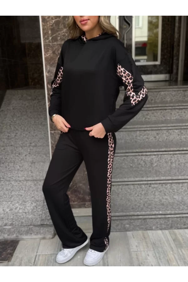 Kadın Kapüşonlu Leopar Detay Sweat Ve Yüksek Bel Yanları Leopar şeritli Bol Paça Pantolon Ikili Takım