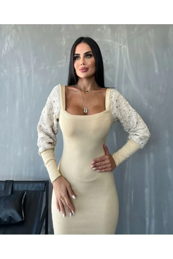 Kadın Kare Yaka Kolları Manşet Ve Tül Detay Fırsat ürün Midi Boy Elbise