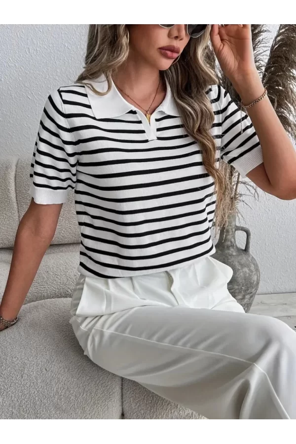 Kadın Kısa Kol Polo Yaka çizgi Desen Triko Bluz