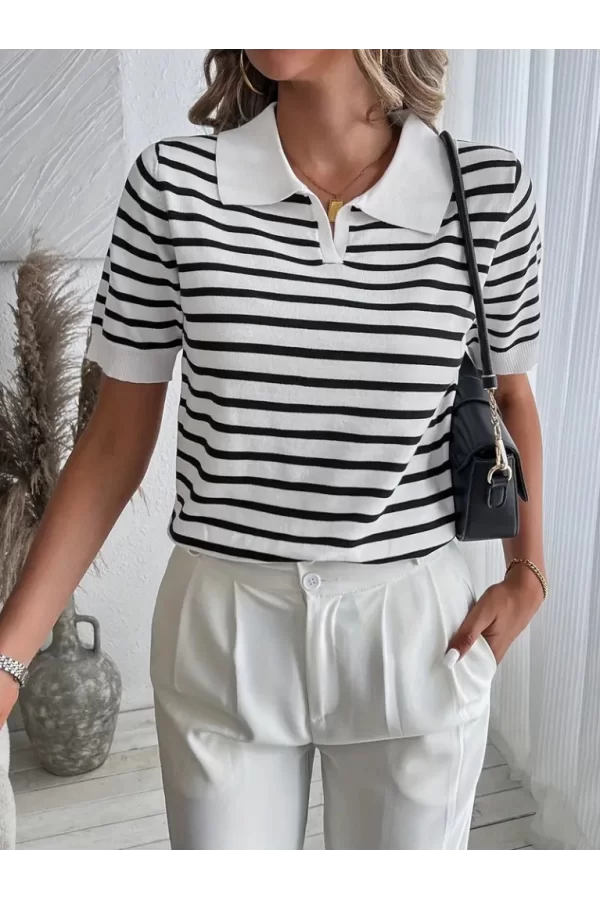 Kadın Kısa Kol Polo Yaka çizgi Desen Triko Bluz
