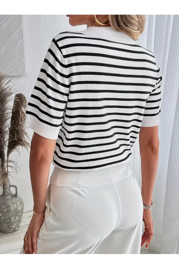 Kadın Kısa Kol Polo Yaka çizgi Desen Triko Bluz