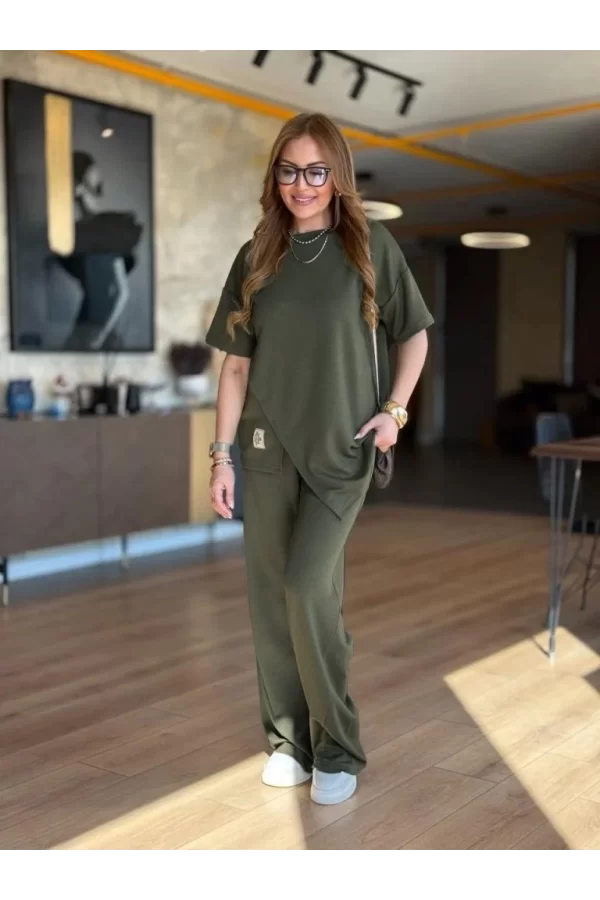 Kadın Kısa Kollu Bisiklet Yaka Asimetrik Viskon Iki Iplik Bluz Ve Pantolon Ikili Takım