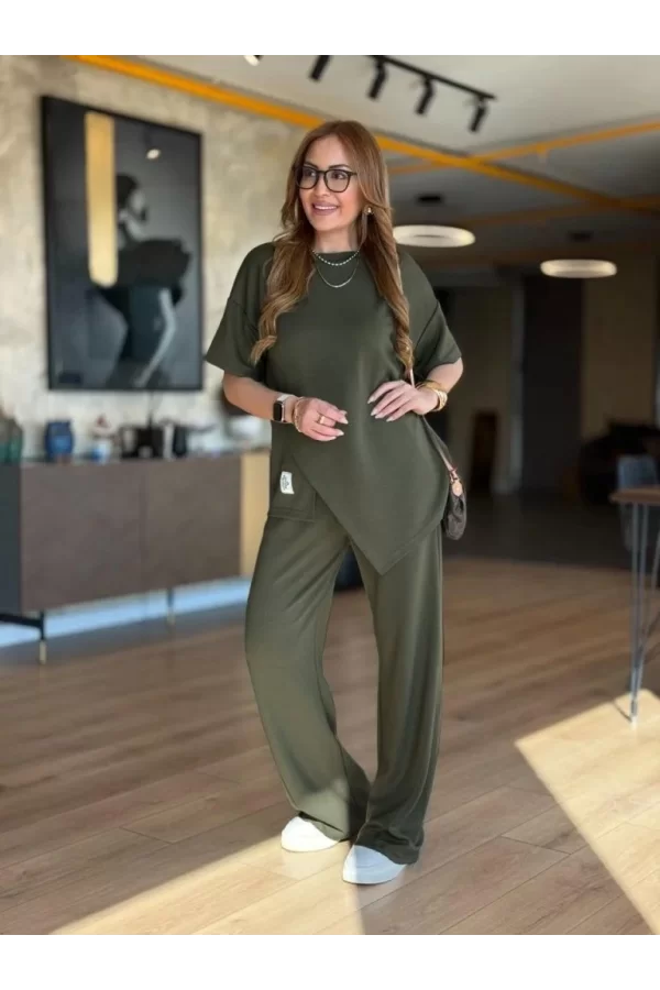 Kadın Kısa Kollu Bisiklet Yaka Asimetrik Viskon Iki Iplik Bluz Ve Pantolon Ikili Takım