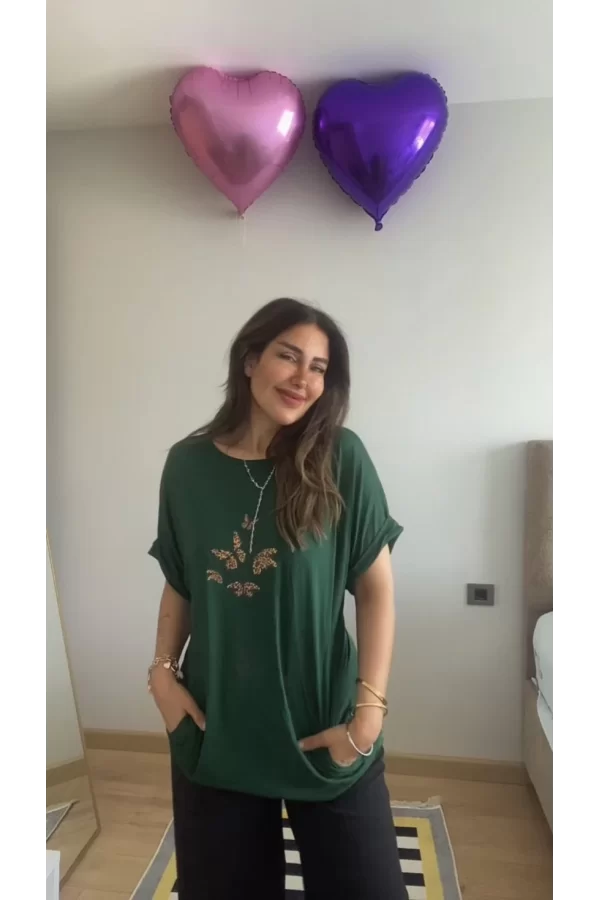 Kadın Kısa Kollu Bisiklet Yaka Cepli Kelebek Baskılı Viskon Elbise