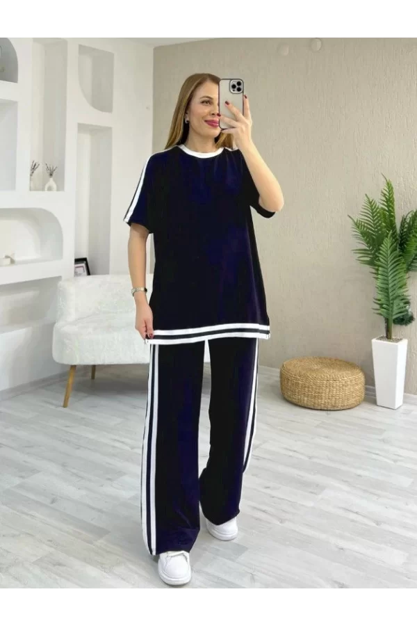 Kadın Kısa Kollu Bisiklet Yaka çift Renk şerit Detaylı Viskon Iki Iplik Bluz Ve Pantolon Ikili Takım