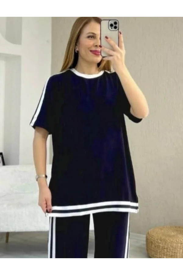Kadın Kısa Kollu Bisiklet Yaka çift Renk şerit Detaylı Viskon Iki Iplik Bluz Ve Pantolon Ikili Takım