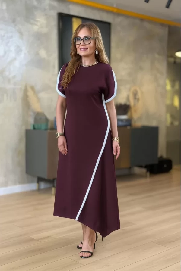 Kadın Kısa Kollu Bisiklet Yaka çift şerit Renk Detaylı Asimetrik Kesim Viskon Iki Iplik Elbise