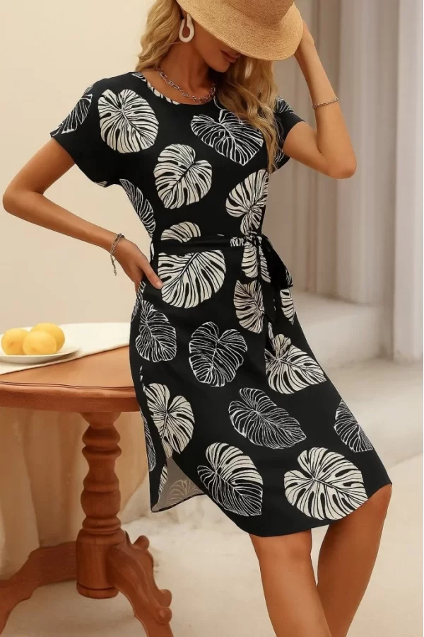 Kadın Kısa Kollu Bisiklet Yaka Desenli Kuşaklı örme Krep Midi Elbise