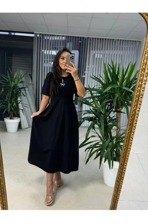 Kadın Kısa Kollu Bisiklet Yaka Fiyonk Broşlu Midi Janjan Krep Elbise