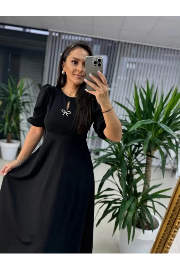 Kadın Kısa Kollu Bisiklet Yaka Fiyonk Broşlu Midi Janjan Krep Elbise