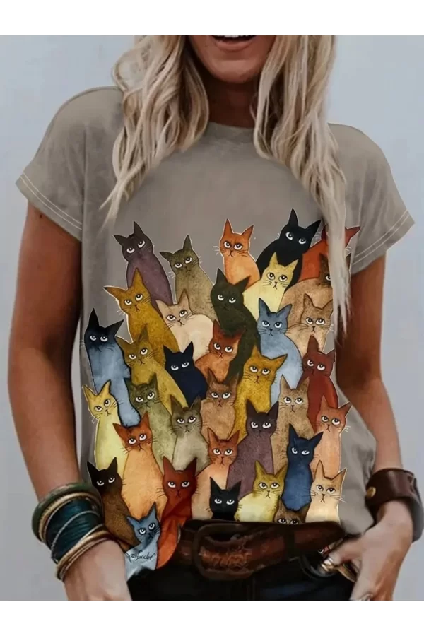 Kadın Kısa Kollu Bisiklet Yaka Kedi Desenli Süprem Bluz