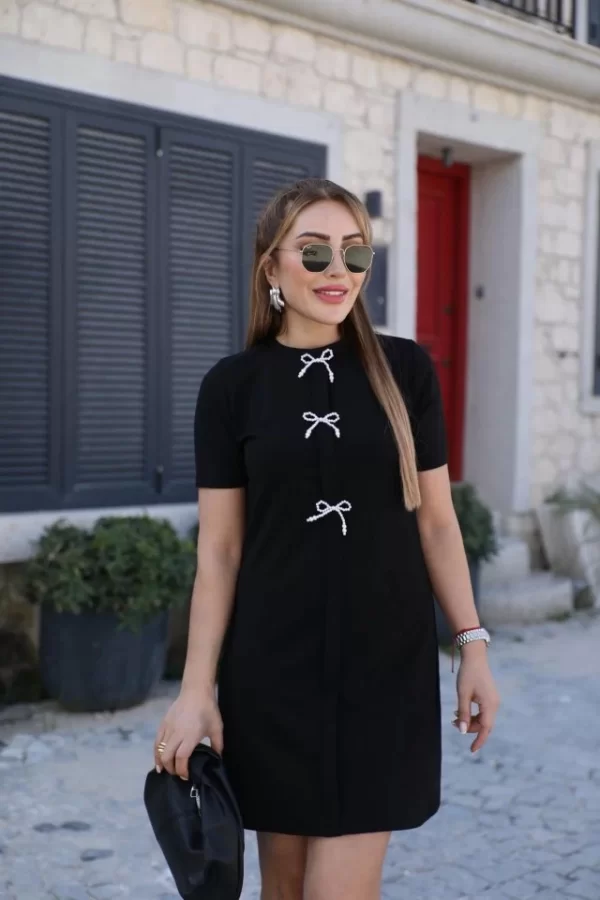 Kadın Kısa Kollu Bisiklet Yaka önden Fiyonk Detaylı Ithal Krep Elbise