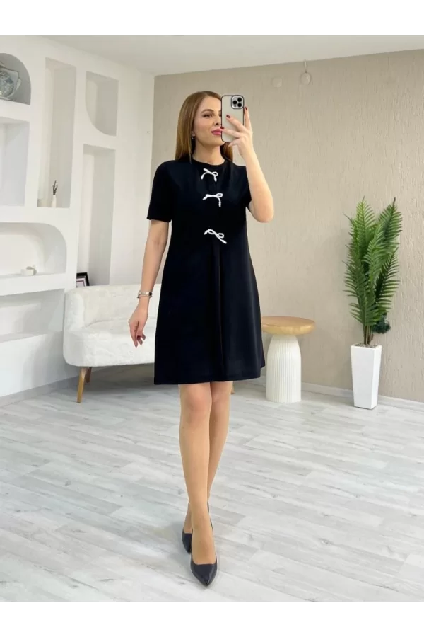 Kadın Kısa Kollu Bisiklet Yaka önden Fiyonk Detaylı Ithal Krep Elbise
