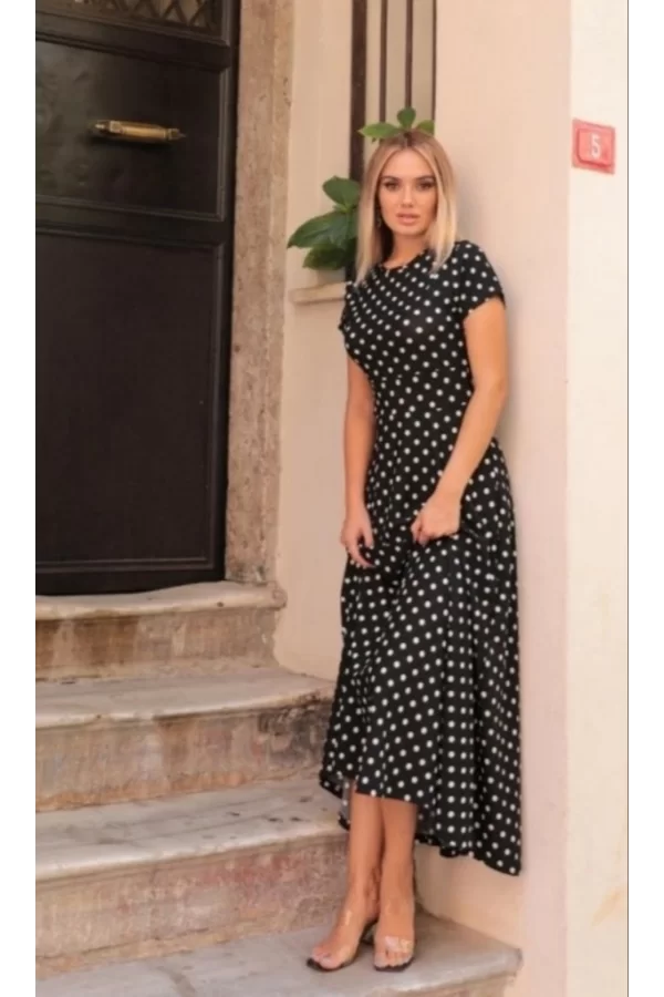 Kadın Kısa Kollu Bisiklet Yaka Puantiyeli Maksi örme Krep Elbise