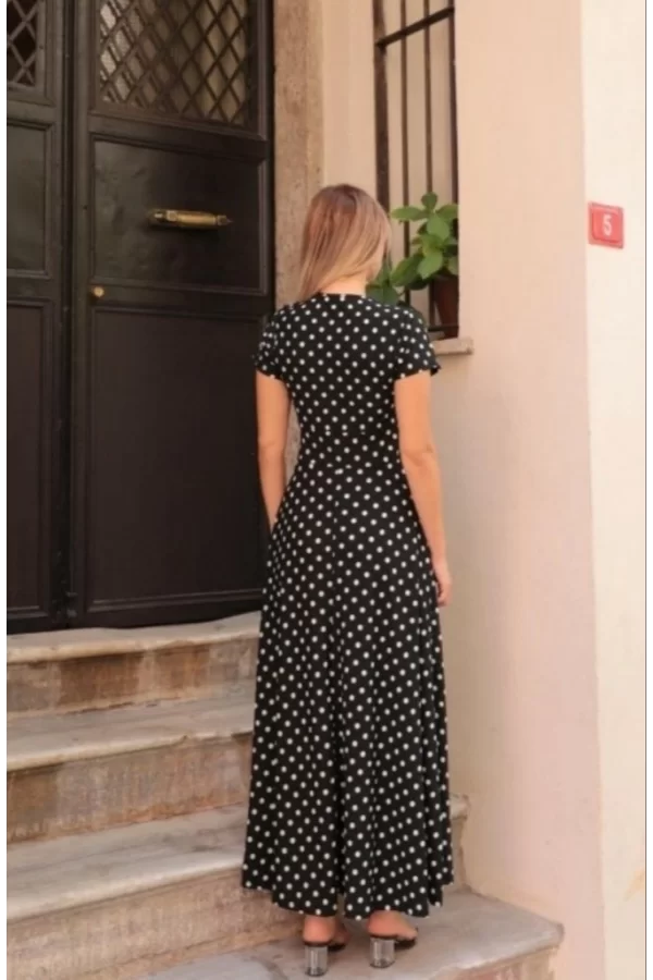 Kadın Kısa Kollu Bisiklet Yaka Puantiyeli Maksi örme Krep Elbise