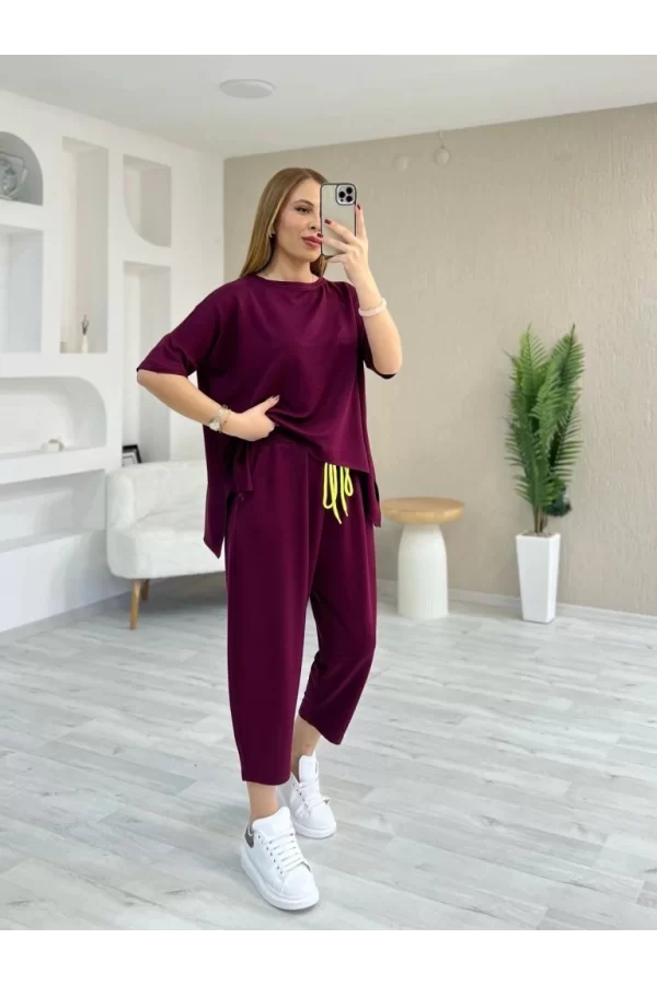 Kadın Kısa Kollu Bisiklet Yaka Viskon Iki Iplik Bluz Ve Pantolon Ikili Takım