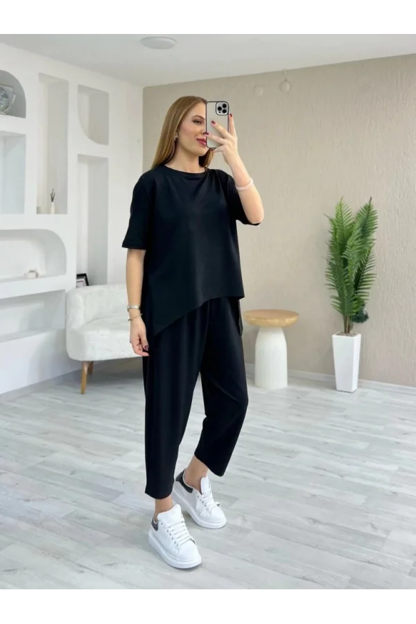 Kadın Kısa Kollu Bisiklet Yaka Viskon Iki Iplik Bluz Ve Pantolon Ikili Takım