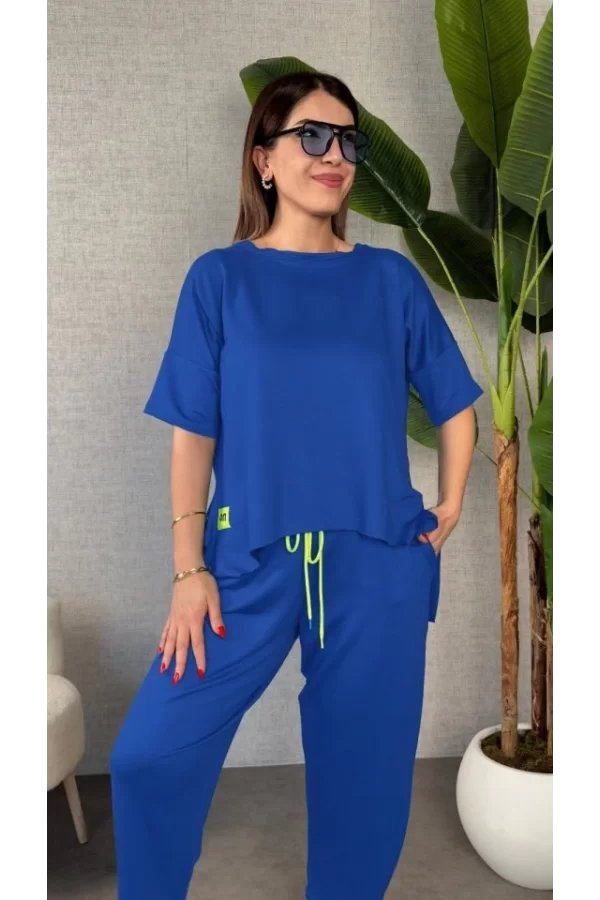 Kadın Kısa Kollu Bisiklet Yaka Viskon Iki Iplik Bluz Ve Pantolon Ikili Takım