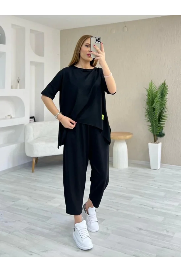 Kadın Kısa Kollu Bisiklet Yaka Viskon Iki Iplik Bluz Ve Pantolon Ikili Takım