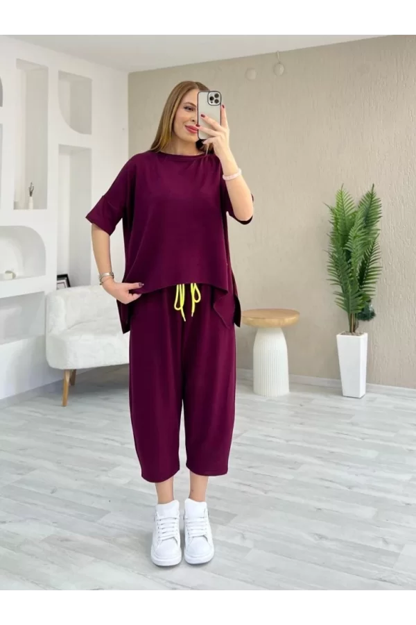 Kadın Kısa Kollu Bisiklet Yaka Viskon Iki Iplik Bluz Ve Pantolon Ikili Takım
