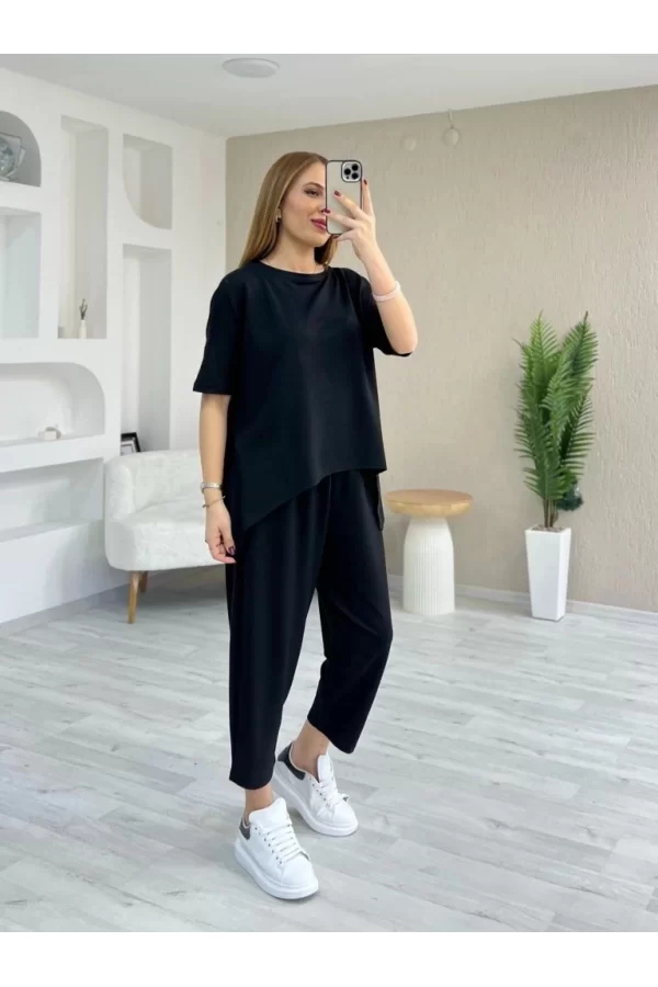 Kadın Kısa Kollu Bisiklet Yaka Viskon Iki Iplik Bluz Ve Pantolon Ikili Takım