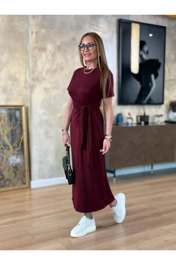 Kadın Kısa Kollu Bisiklet Yaka Yandan Bağlamalı Viskon Iki Iplik Elbise
