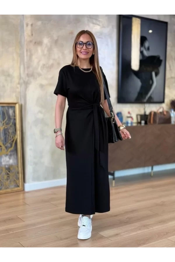 Kadın Kısa Kollu Bisiklet Yaka Yandan Bağlamalı Viskon Iki Iplik Elbise