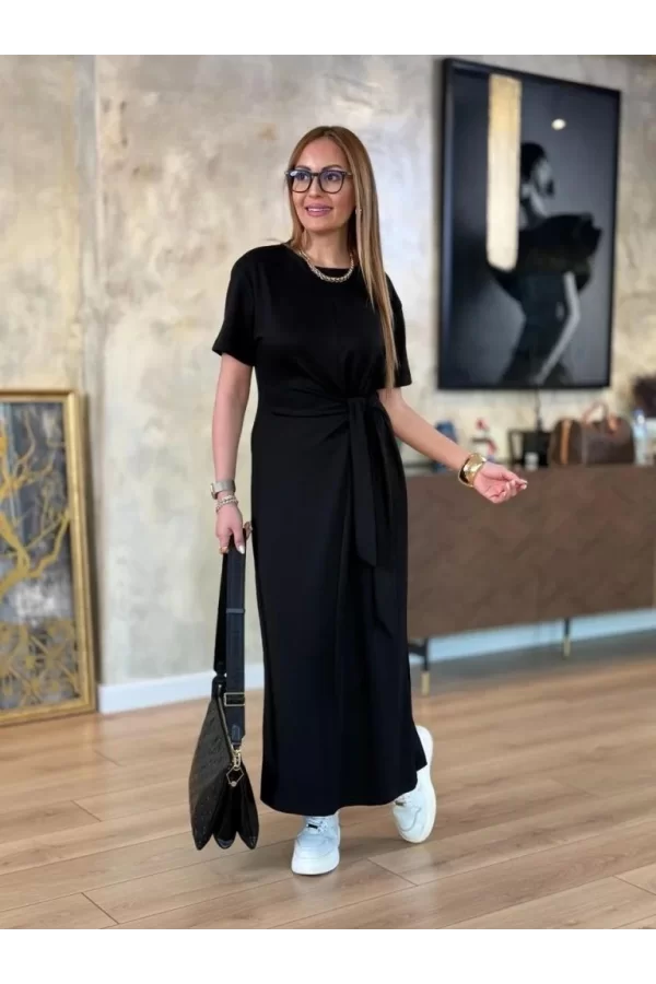 Kadın Kısa Kollu Bisiklet Yaka Yandan Bağlamalı Viskon Iki Iplik Elbise
