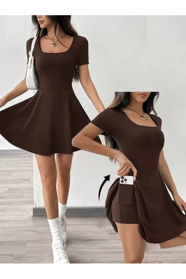 Kadın Kısa Kollu Kare Yaka Short Detaylı Cepli Dalgıç Elbise