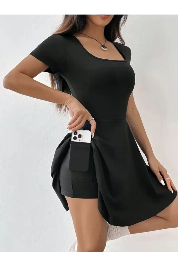Kadın Kısa Kollu Kare Yaka Short Detaylı Cepli Dalgıç Elbise