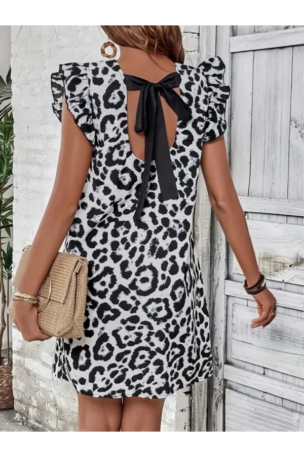 Kadın Kısa Kollu Kolları Fırfır Detay Arkası Bağlamalı Leopar Desen Kolsuz Mini Mikro Elbise