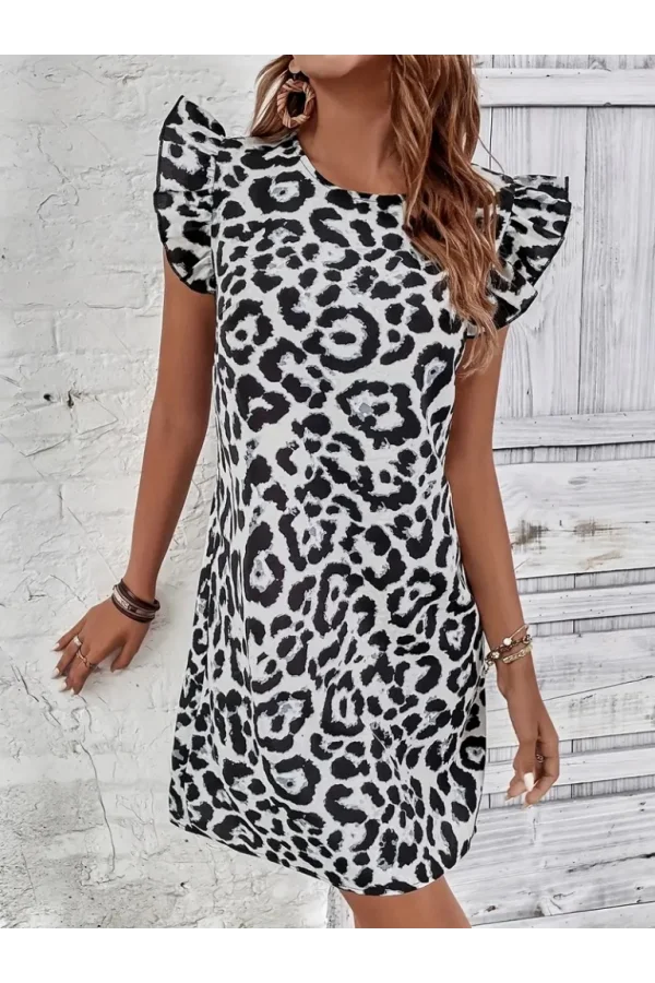 Kadın Kısa Kollu Kolları Fırfır Detay Arkası Bağlamalı Leopar Desen Kolsuz Mini Mikro Elbise