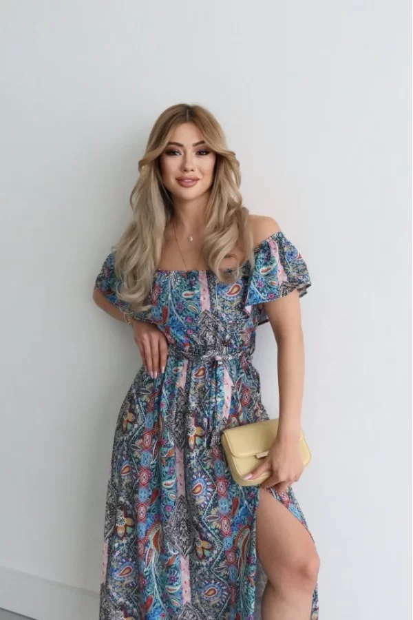 Kadın Kısa Kollu Madonna Yaka Fırfırlı Belden Yırtmaçlı Maksi Süprem Elbise