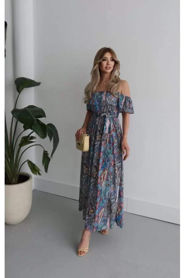 Kadın Kısa Kollu Madonna Yaka Fırfırlı Belden Yırtmaçlı Maksi Süprem Elbise