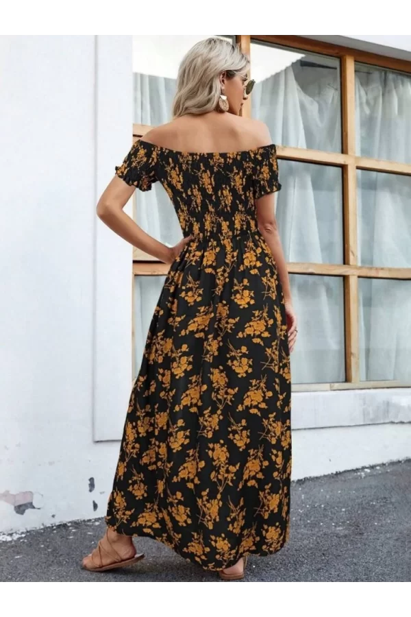 Kadın Kısa Kollu Madonna Yaka Yırtmaçlı çiçek Desenli Süprem Elbise