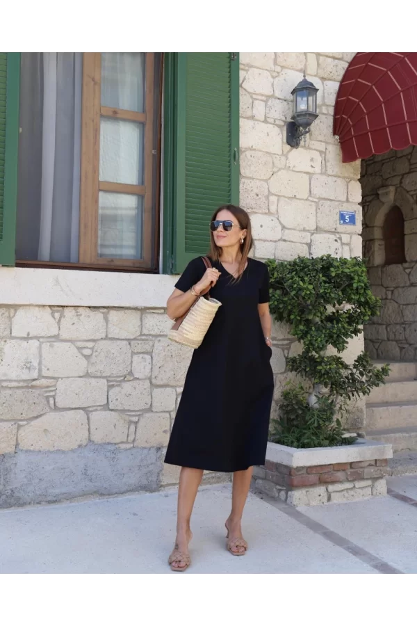 Kadın Kısa Kollu V Yaka Cepli A Kesim Detaylı Viskon Elbise