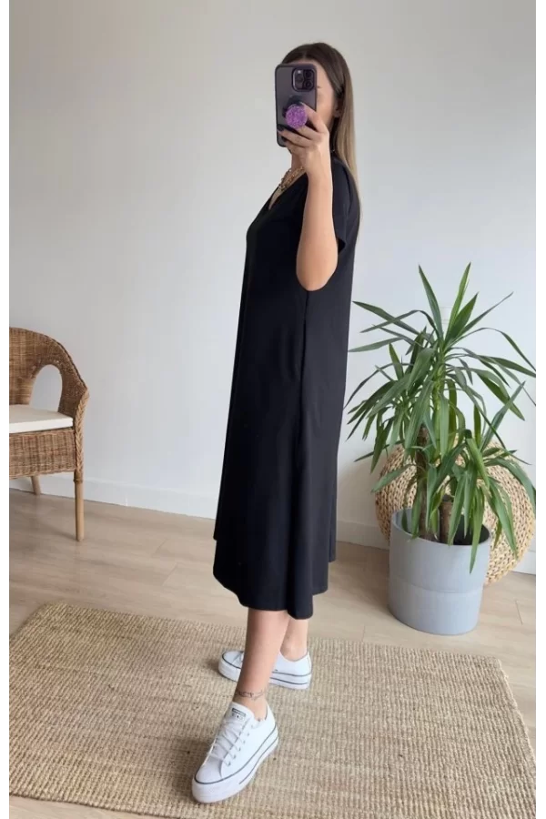 Kadın Kısa Kollu V Yaka Cepli A Kesim Detaylı Viskon Elbise