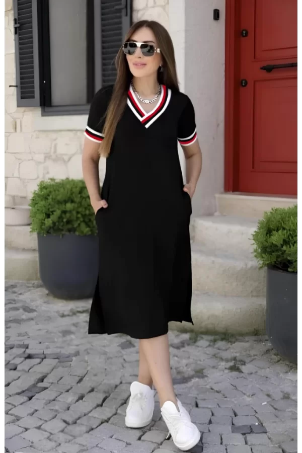 Kadın Kısa Kollu V Yaka Ve Yaka Ribana Detay Midiboy Viskon Elbise