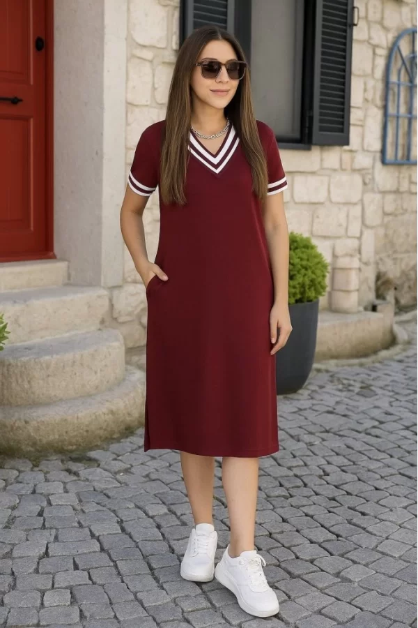Kadın Kısa Kollu V Yaka Ve Yaka Ribana Detay Midiboy Viskon Elbise
