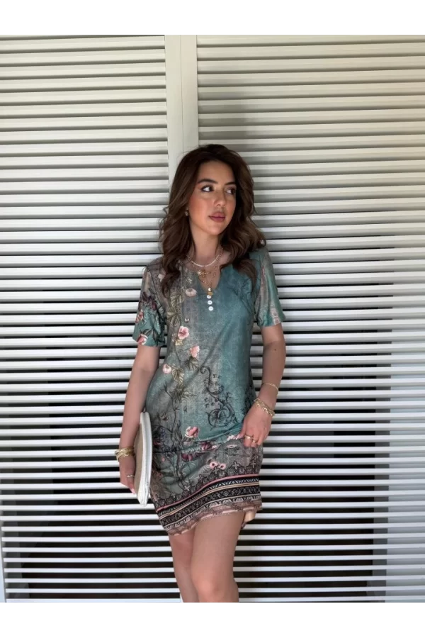 Kadın Kısa Kollu V Yakalı çiçek Baskılı Midi Süprem Elbise
