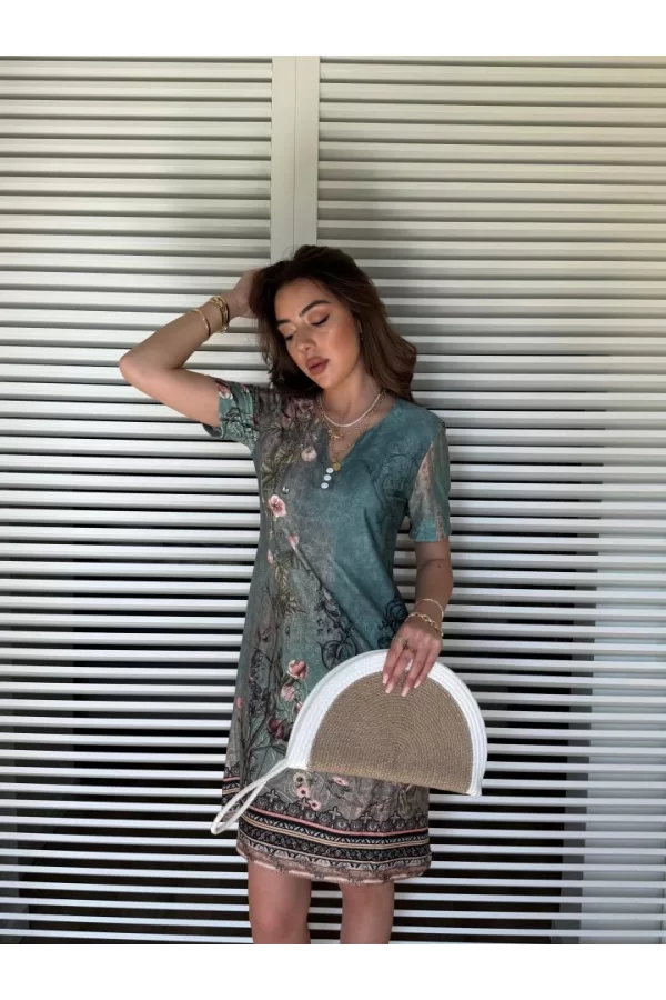 Kadın Kısa Kollu V Yakalı çiçek Baskılı Midi Süprem Elbise
