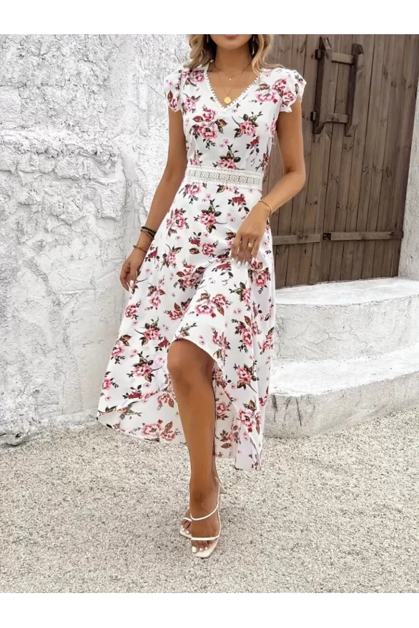 Kadın Kısa Kollu V Yakalı çiçek Desenli önü Kısa Arkası Uzun Süprem Elbise