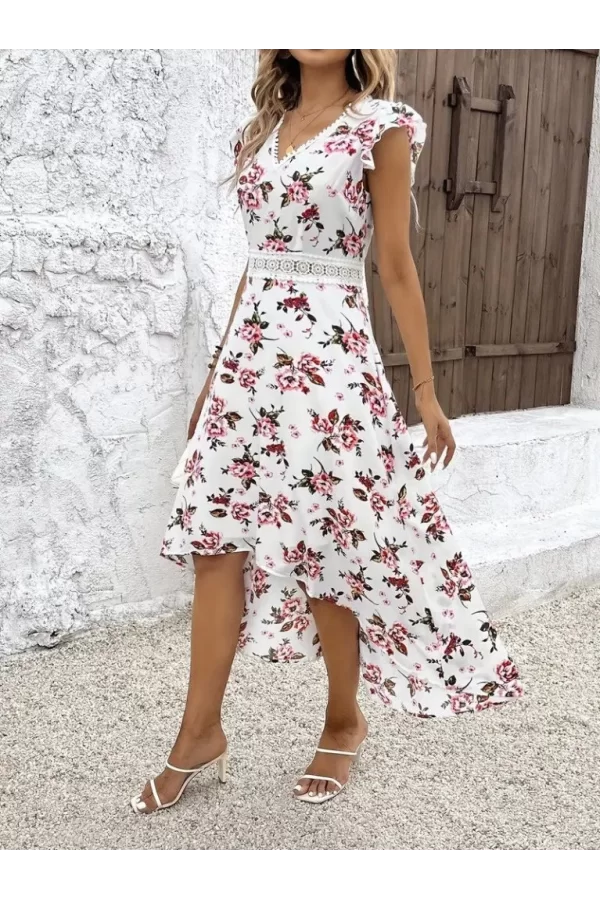 Kadın Kısa Kollu V Yakalı çiçek Desenli önü Kısa Arkası Uzun Süprem Elbise