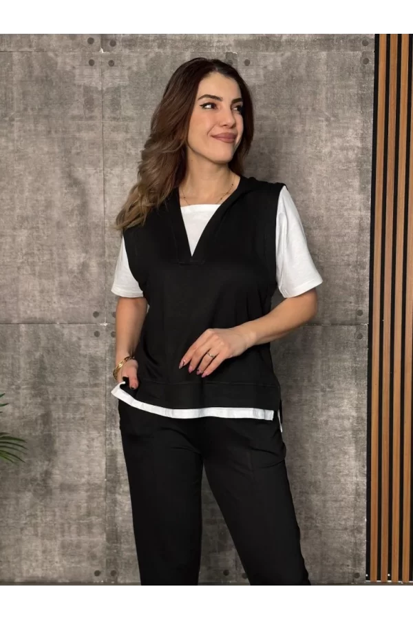 Kadın Kısa Kollu V Yakalı Kapşonlu Viskon Iki Iplik Bluz Ve Pantolon Takım