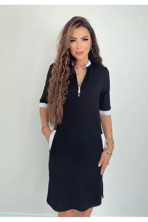 Kadın Kısa Kollu Yakadan Fermuarlı Cepli Yandan Yırtmaçlı Viskon Elbise