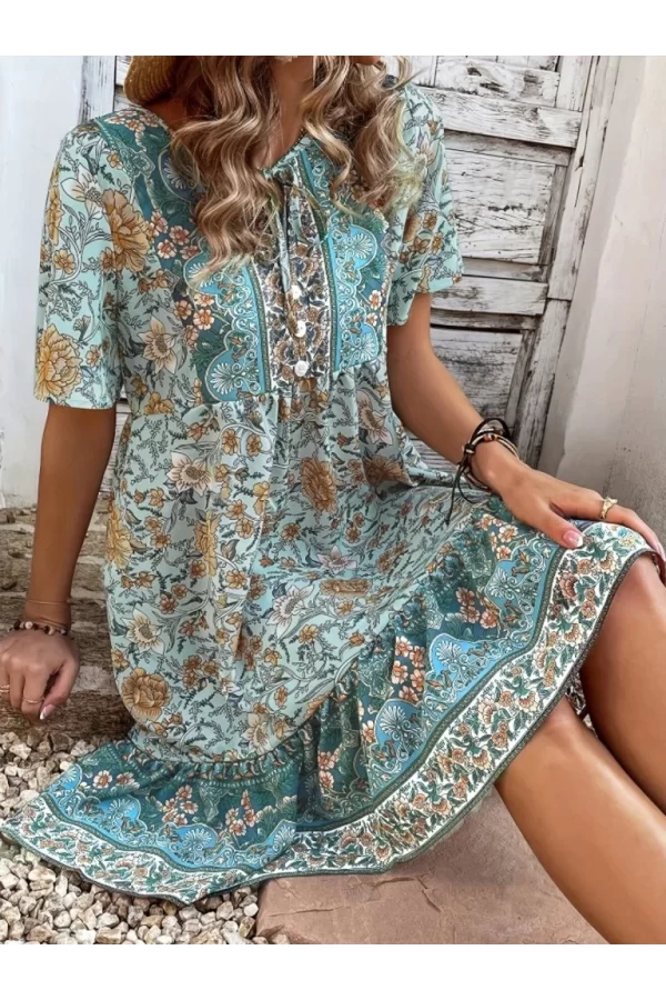 Kadın Kısa Kollu Yakası Bağcıklı önden Düğmeli Fırfır Desenli Süprem Elbise