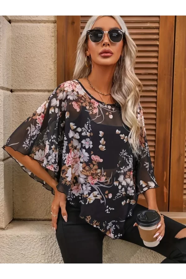 Kadın Kısa Kollu Yuvarlak Yaka çiçek Baskılı Asimetrik Kesim şifon Bluz