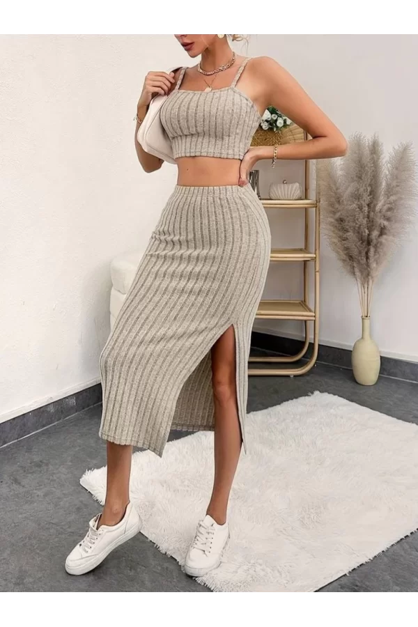 Kadın Kolsuz Askılı Crop Yırtmaçlı Midi Etek Fitilli Kaşkorse Takım