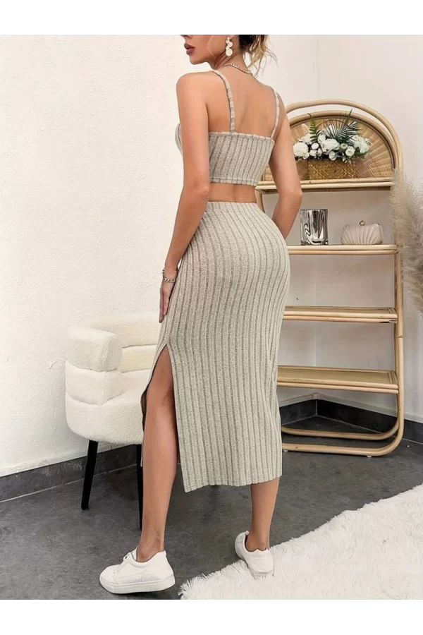 Kadın Kolsuz Askılı Crop Yırtmaçlı Midi Etek Fitilli Kaşkorse Takım