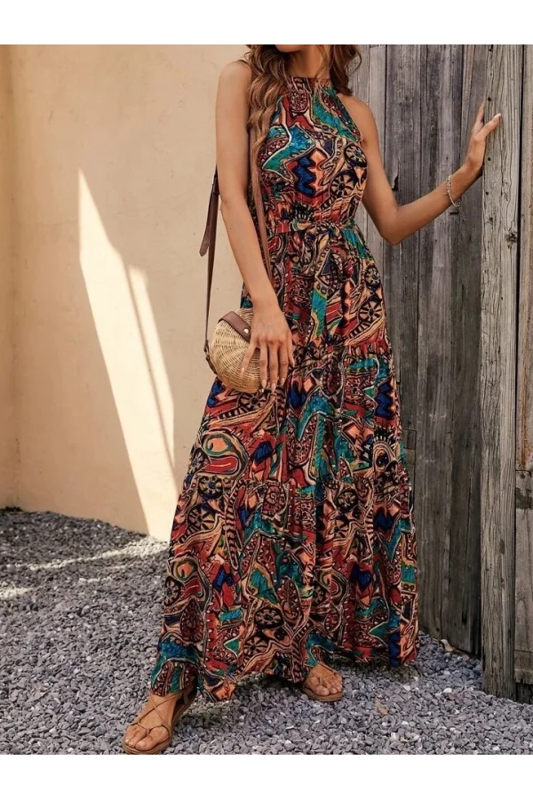Kadın Kolsuz Halter Yaka Beli Lastikliotantik Desenli Mikro Kumaş Elbise